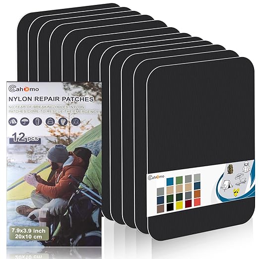 7.9x3.9 inch 12 PCS Nylon Repair Patch Nylon Repair Tape Self Adhesive Fabric Tapes Outdoor Camping Gear Fabric kit for Tent, Umbrella, Down Jackets, Sleeping Bag, Knapsack（Black）
