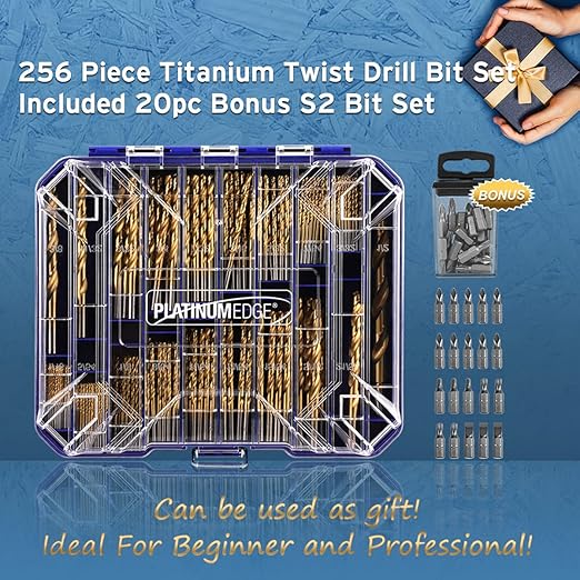 276pc Titanium Twist Drill Bit Set with S2 Bits 135° Tip High Speed Steel, Size from 1/16" up to 1/2", Ideal in Wood Cast Iron Aluminum Alloy Plastic Fiberglass, Clear Lid Case