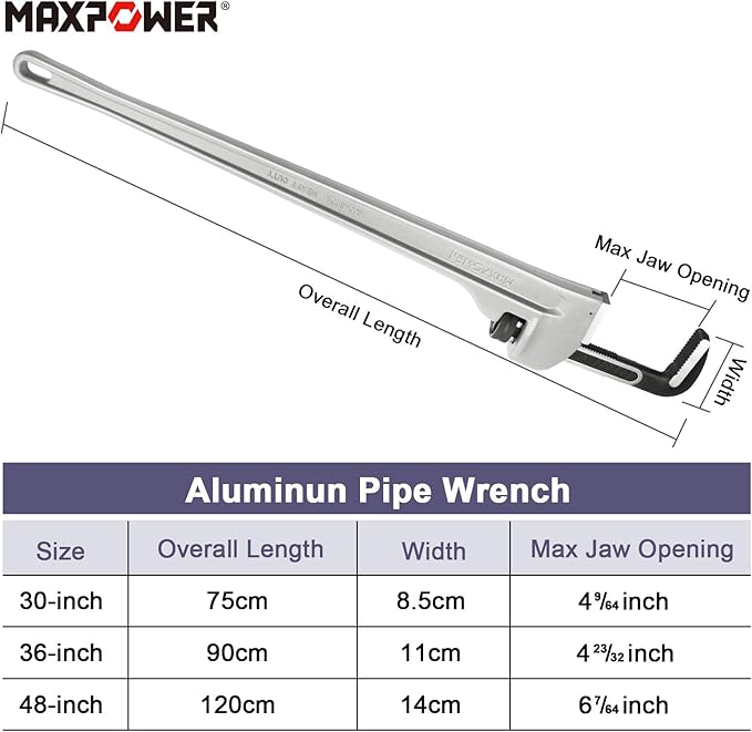 MAXPOWER 48-inch Pipe Wrench, Heavy Duty Large Straight Plumbing Wrench Smooth Jaw Aluminum Pipe Wrench