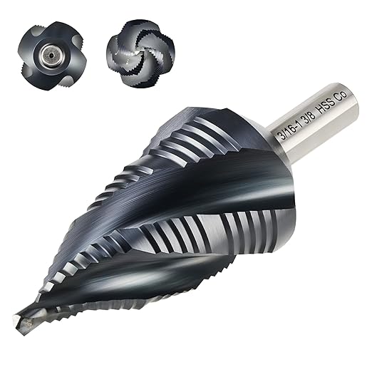 ZELCAN 19 Sizes M35 Cobalt Step Drill Bit, 3/16" to 1-3/8" Four Spiral Flute Drill Bit for Metal, Titanium-Coated HSS Step Bit with 2/5" Tri-Flat Shank for Stainless Steel Aluminum Copper Wood Plastic