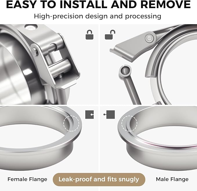 2 Pack 2.5 Inch V Band Clamp Kits - Quick-Release with Male/Female Flanges, 304 Stainless Steel, Leak-Resistant Interlocking Design for Exhaust, Turbo, Downpipe, Intercooler Piping (2, 2.5in)