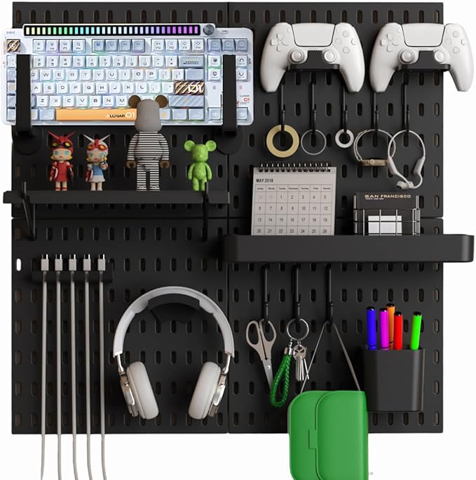 Keepo Pegboard Combination Kit, Pegboards and Accessories Modular Hanging for Gaming Setup, Gaming Station Peg Board, Gaming Organizer, Wall Game Controller Holder, Headset Stand, (Black, 22″×22″)