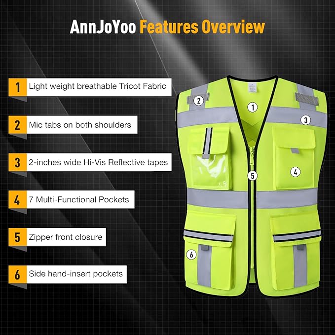 Class 2 Safety Vest with Zipper Front and multiple Pockets, High Visibility Vest, Meets ANSI/ISEA Standards