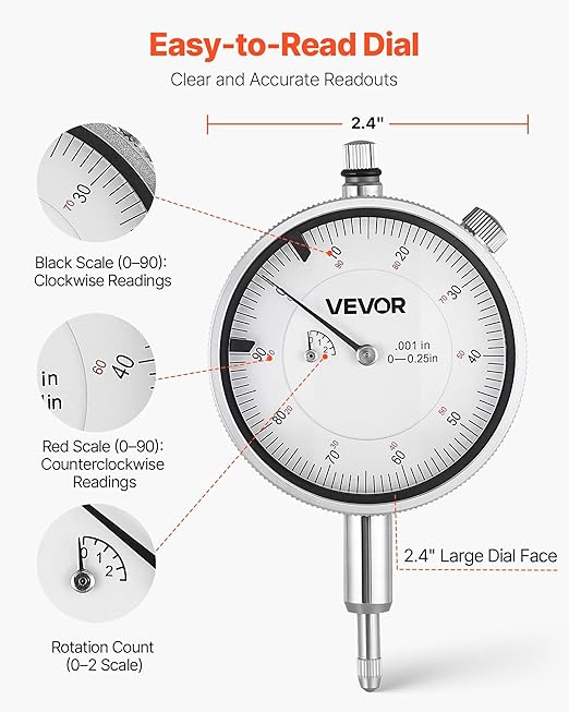 VEVOR Dial Test Indicator and Bore Gauge Measuring Tool Set, Dial Indicator 0.001 inch Accuracy, 2-6 inch Bore Range with Rod, Storage Case, Anvils for Industrial Machining Measurements