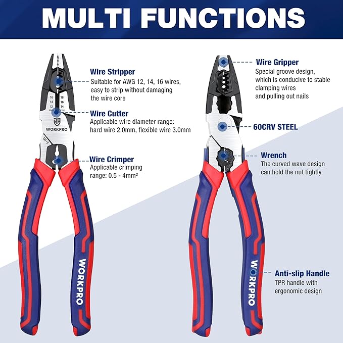 WORKPRO 6-in-1 Linesman Pliers with Wire Cutter and Stripper, 8 Inch Multipurpose Combination Pliers, Premium CRV Steel Hand Tool Plier for Twisting Cutting Wires and Clamping Screws