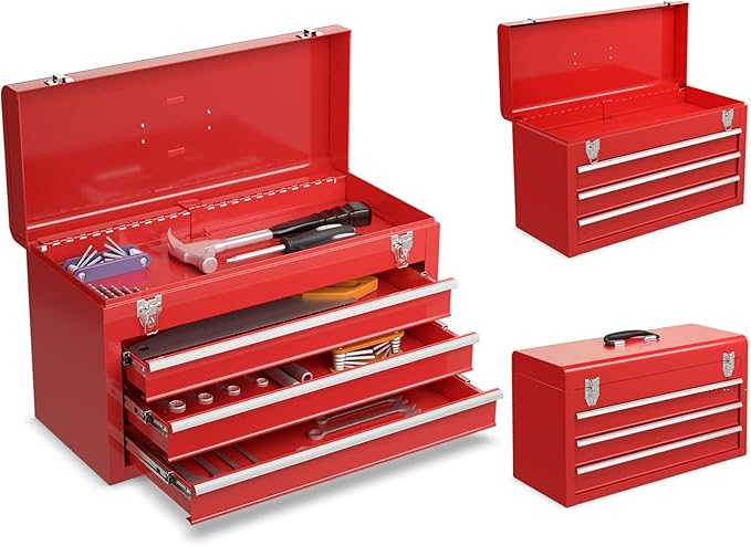 Goplus Tool Box, Portable 20” Tool Boxes with 3 Drawers, Top Tool Tray, Metal Lock Latch, Protective Liner, Auto Locking, Heavy Duty Steel Toolbox for Garage, Workshop, Mechanic