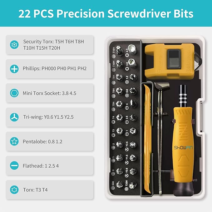 SHOWPIN Mini Precision Screwdriver Set: Electronics Repair Tool Kit for Computer Laptop Nintendo Phone PS4 with 35PCS Bits T5 T6 T8 T10 T15 Torx Y00 Tri-wing for Beginner IT DIY