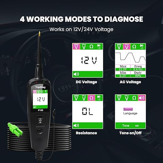 Power Circuit Probe Kit, Topdiag P100 Car Circuit Tester, 12-24V Automotive Electrical Tool, AC/DC Resistance Circuit Detector with 40FT Extension Cable, Trailer Truck Voltage Current Detector