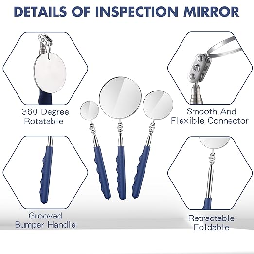 3 Pieces Telescoping Inspection Mirror Stainless Steel Extendable Mechanic Mirror with Long Handle Tool for Technicians Mechanics Contractors (Blue)
