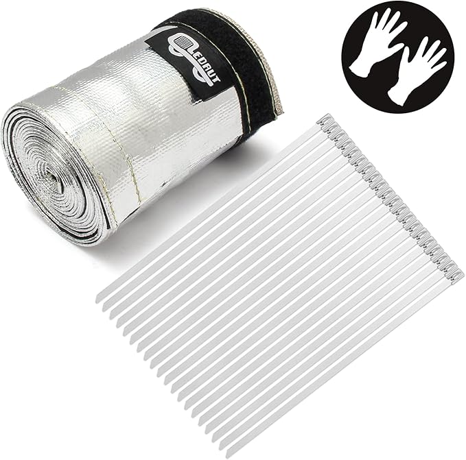 Heat Shroud Aluminized Sleeving Heat Shield fuel line wire heat sleeve 1-1/4''I.D. x 10FT with 20 Pcs 7.8Inch Stainless Steel Cable Metal Zip Ties