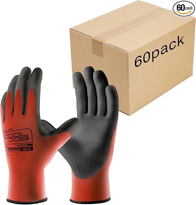 COOLJOB 60 Pairs Safety Work Gloves Pack Bulk with Grip PU Coating, 13 Gauge Seamless Knit Gloves with Polyurethane Dipped for Warehouse Working, Breathable Lightweight for Men Women, Red Small
