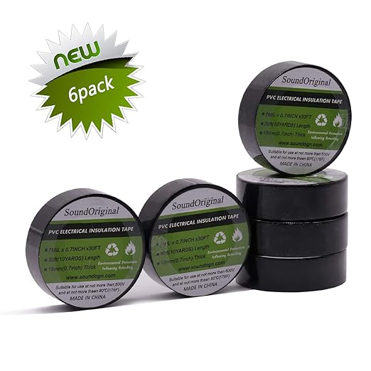 Electrical Tape Black 6 Pack 3/4-Inch by 30 Feet, Voltage Level 600V Dustproof, Adhesive for General Home Vehicle Auto Car Power Circuit Wiring Black