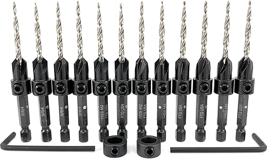 FTG USA 12 Pc #6 (9/64") Countersink Drill Bit Set with Depth Stop Collar, Hex Wrench - Tapered Drill Bits for Wood