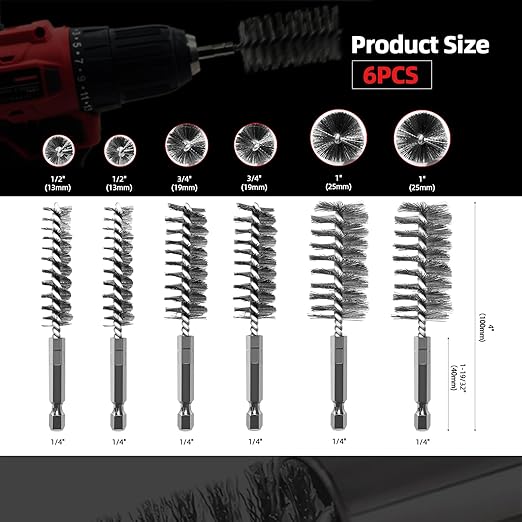 ASNOMY 6Pcs Wire Bore Brush for Drill,1/2” 3/4” 1” Stainless Steel Copper Pipe Cleaner Set for Power Drill Cleaning,Abrasive Drill Wire Brush with 1/4" Hex Shank