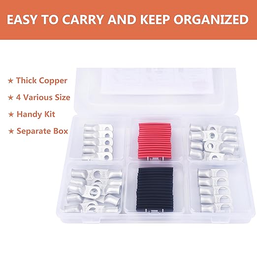 62PCS 2 AWG Tinned Ring Terminal Heat Shrink Tubing Set Copper Wire Lugs 2 Gauge 5/16", 3/8", 1/4", 1/2", 30Pcs Battery Cable Ends and 32PCS Heat Shrink Tubing