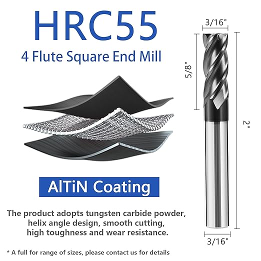 5pcs 3/16" Carbide Square End Mill Bits Set for Alloy Stees/Hardened Steels,Hrc55 Micro Grain Carbide Milling Cutter 4Flute CNC Router Bits with AlTiN Coating