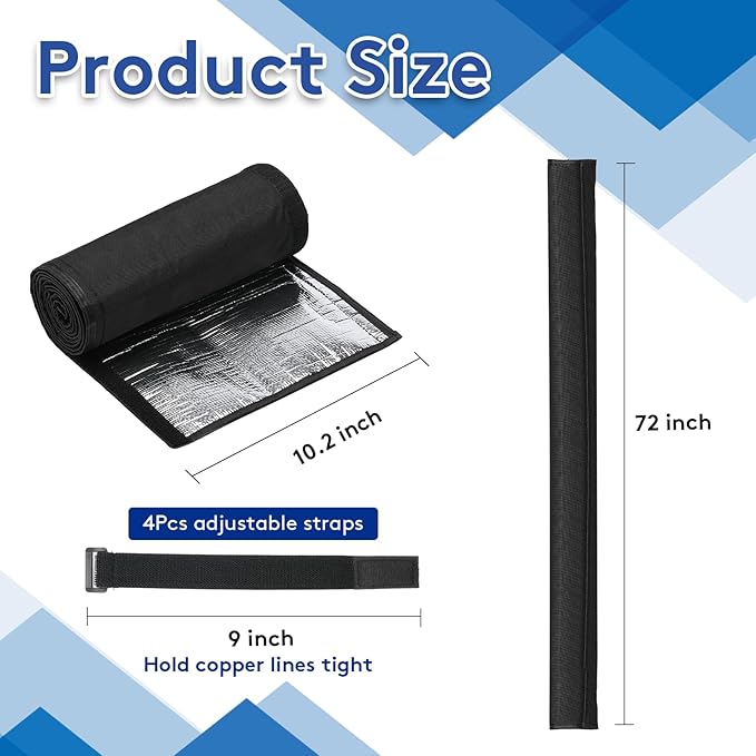 3 Layers HVAC Copper Pipe Insulation Cover, 72x10.2 Inch 600D Oxford AC Pipe Protector with 4 Adjustable Straps for Outdoor, Flexible Insulation Sleeve for Central Air Conditioning Mini Splits