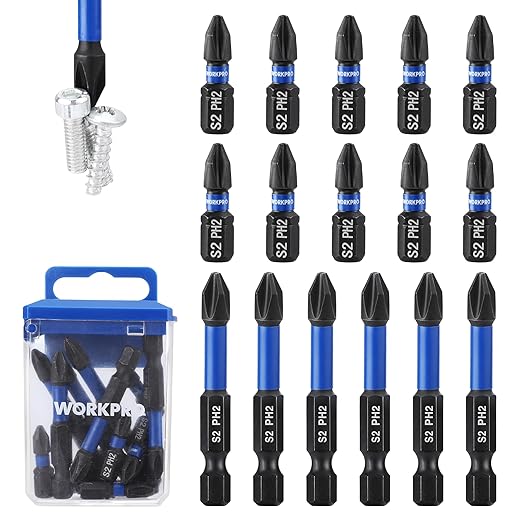 WORKPRO 16pcs PH2 Impact Phillips Screwdriver Bit Set, CNC Machined S2 Steel Tips with Magnetism, 1/4" Hex-Shank Driver Bits, 1"& 2" Long Impact Screwdriving Bits with Storage Box