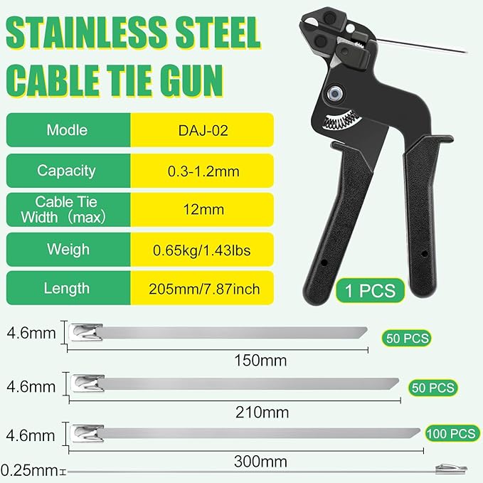 Heavy Duty Stainless Steel Cable Tie Gun Kit with 200 Self-Locking Metal Zip Ties, Adjustable Tension Cutting Tool for Garden Fence Repair, Outdoor Projects (100 of 11.8", 50 Each of 8.6", 6")
