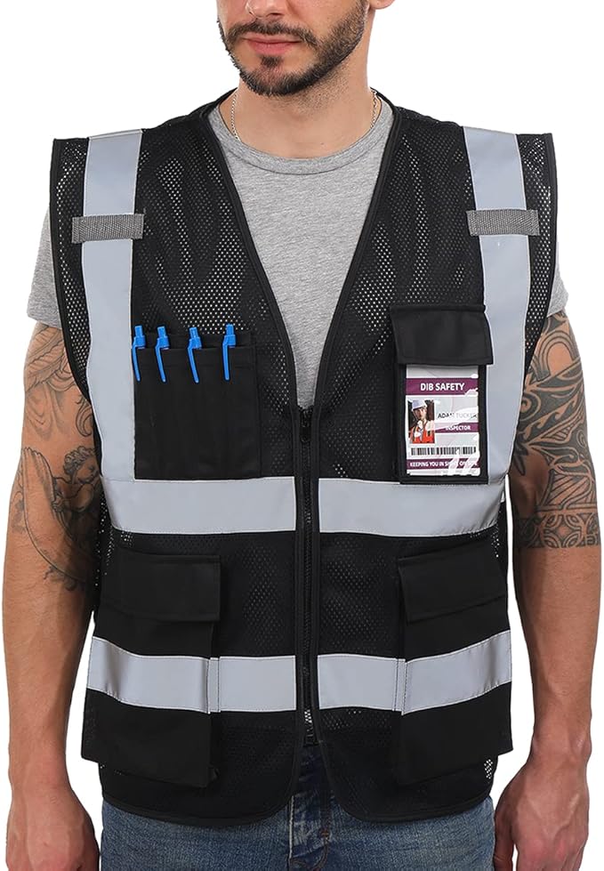 Dib Safety Reflective Mesh Vest High Visibility with Pockets and Zipper, Black Mesh 2X