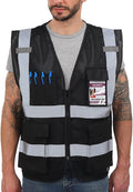 Dib Safety Reflective Mesh Vest High Visibility with Pockets and Zipper, Black Mesh L