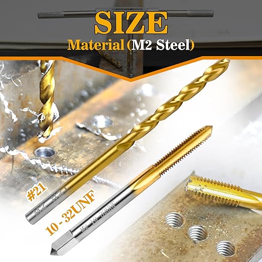 10-32 UNF Tap and #21 Drill Bit Kit, M2 HSS Drill and Tap Set, Combination of Drill and Tap Kit for Metal