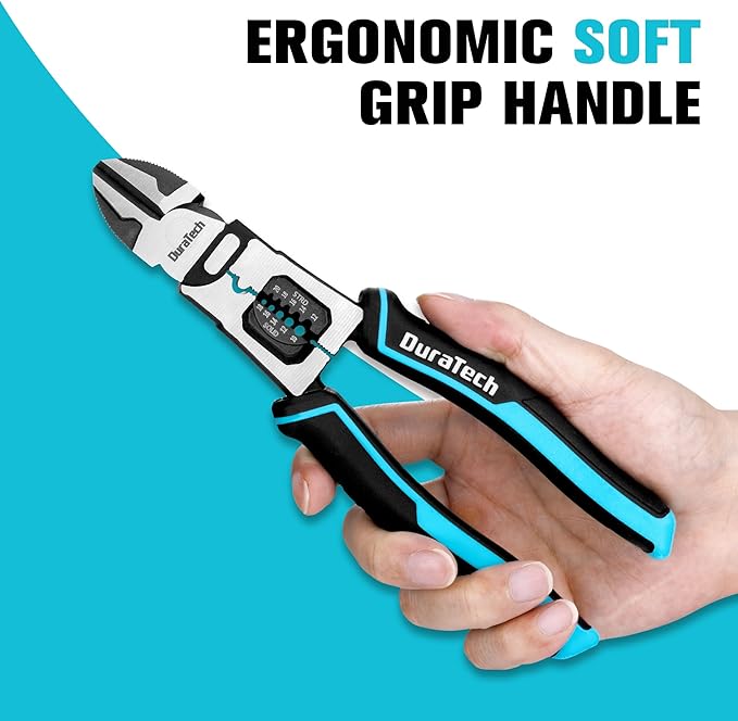 DURATECH 4-in-1 Diagonal Cutting Pliers, 8" Multifunction Heavy Duty Side-Cutting Pliers with Wire Stripper, Wire Cutters with Ergonomic Handle for Electricians and Homes