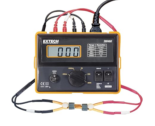 Extech 380460 Precision Milliohm Meter 110 VAC - 4-Wire Kelvin Clip, 0.1 mΩ Resolution, Large 0.7″ 1999-Count LCD, Portable Durable Field Housing