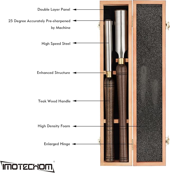 2-Pieces HSS Roughing Gouge Lathe Chisel Set Wood Turning Tools with Wooden Box, 1-Inches and 2-Inches