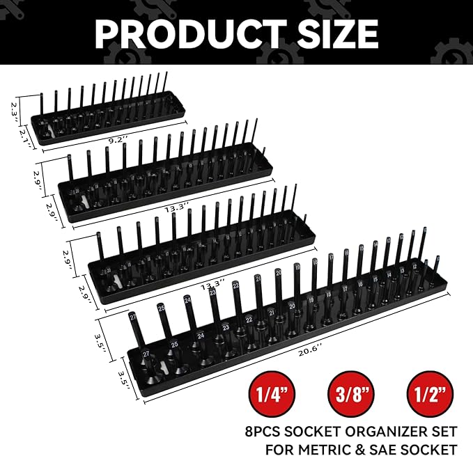 8PCS Socket Organizer Tray Set,SAE & Metric Socket Trays, 2PCS 1/4", 4PCS 3/8", 2PCS 1/2" Drive Deep and Shallow Socket Holders for Toolboxes (8pcs socket organizer (store 226 sockets）)