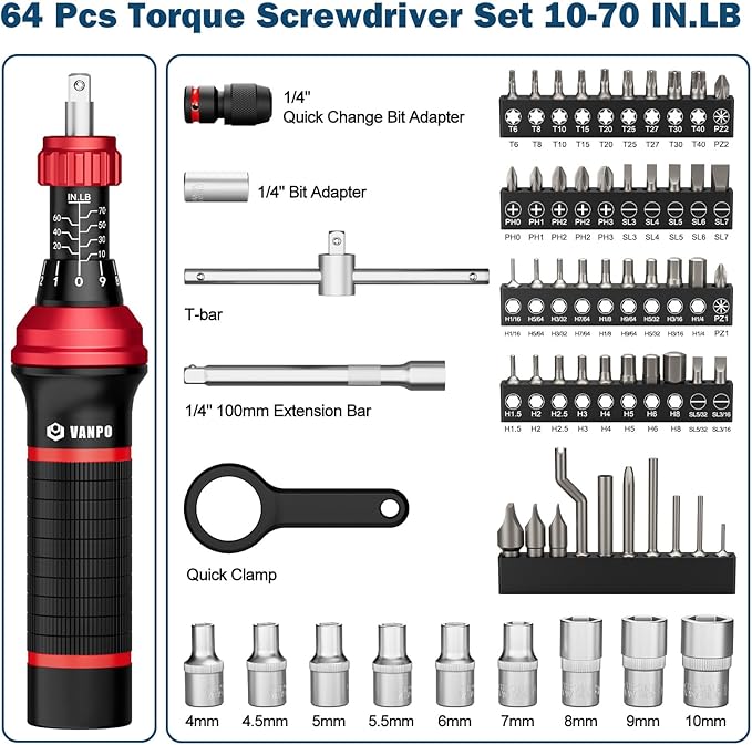 Torque Screwdriver, 64 Pcs 10-70 Inch Pound Torque Screwdriver Set with T-Bar & S2 Bits, Accurate 1/4" Small Torque Wrench Screwdriver for Bike, Scope Mounting & Device Assembly