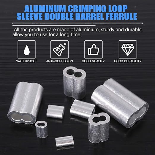 Glarks 100Pcs 1/6''(4mm) Aluminum Crimping Loop Sleeve Wire Rope Sleeves Double Barrel Ferrule for Wire Rope and Cable Line End (1/6''-100Pcs)