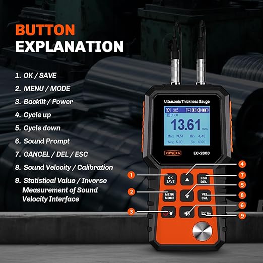 EC-2000 Ultrasonic Thickness Gauge for Steel, Metals, Plastic, Glass, PVC, 0.04–15.7in (1–400mm) Range, Backlit LCD, Adjustable Sound Velocity, Data Storage, Industrial Measuring Instrument