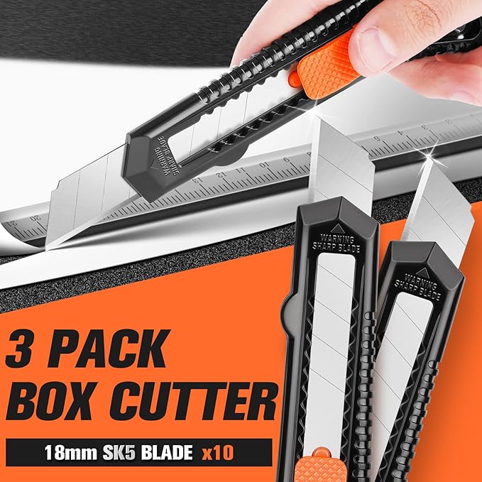 3 Pack Utility Knife Box Cutter Retractable, Compact Box Knife for Cartons, Cardboard, and Boxes, with 10 Piece 18mm Wider Snap-off Blade Razor Sharp Blade, Perfect for Office and Home Use