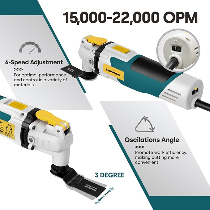 Enventor Oscillating Multi Tools, 2.5A Electric Oscillating Saw with 43PCS Accessories, 15000-22000 OPM, 6 Variable Speeds, 3°Oscillation Angle, Auxiliary Handle for Cutting, Scraping, Sanding, Blue