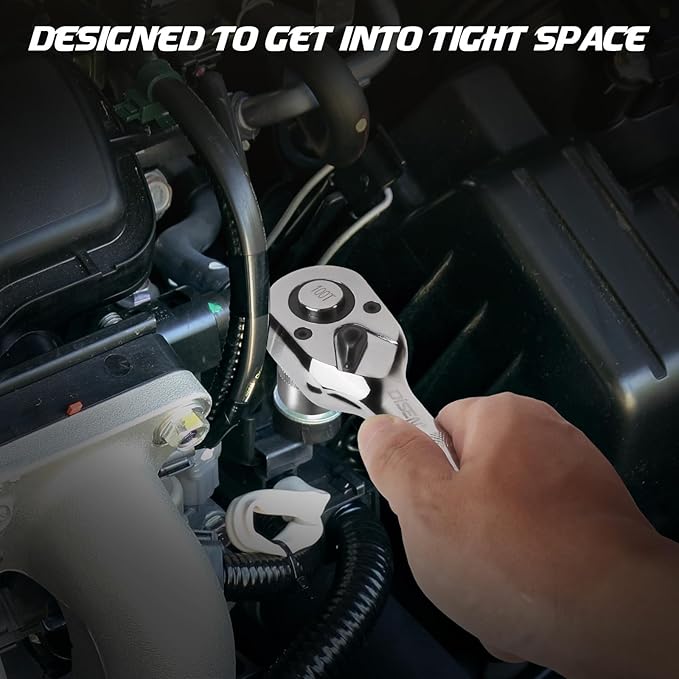 DISEN 3-Piece Stubby Ratchet Set – 1/4", 3/8", 1/2" Drive | 100-Tooth Ratchet with EVA Storage Tray | Quick Release Button | Non-Slip Grip | Reversible 3.6° Design for Tight Spaces, Chrome Finish