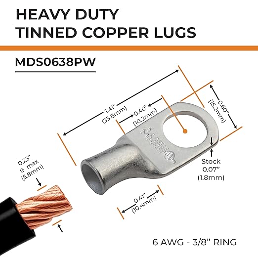 SELTERM 25pcs 6 AWG 3/8" Stud Marine Grade Tinned Copper Battery Cable Lugs, 6 Gauge Ring Terminals, UL Wire Lugs Electrical Battery Cable Ends, Tinned Copper Lugs Battery Terminal Connectors