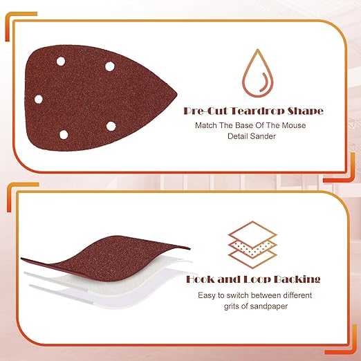 100 Grit Mouse Sander Sandpaper, Jamiikury 5 Hole Detail Sander Sandpaper Palm Sander Paper Mouse Sanding Pads Hook and Loop Sanding Sheets - Pack of 50