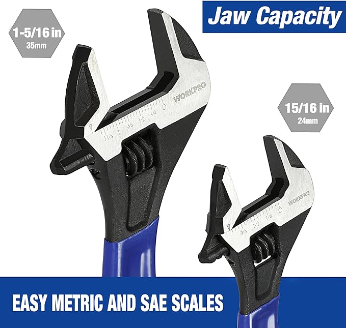 WORKPRO 2-Piece Adjustable Wrench Set, 6-Inch & 10-Inch Wide Jaw Black Oxide Wrench, Cr-V Steel, Metric & SAE Scales, Max Jaw Opening 15/16" & 1-5/16", for Home Repairs, Plumbing, Garage Work