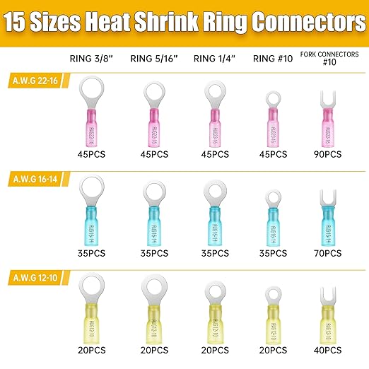 600PCS Marine Grade Heat Shrink Wire Connectors-Electrical Connectors Kit of Tinned Red Copper,Crimp Insulated Ring Fork Spade Butt Splice AWG22-16 16-14 12-10 Gauge (600pcs Kit, AWG 22-10)