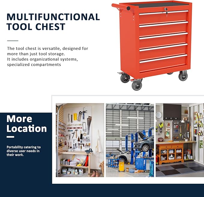 5-Drawer Metal Rolling Tool Chest with Wheels,Tool Storage Cabinet with Locking System，Toolbox with Wheels for Garage, Warehouse, Workshop, Repair Shop (Red, 5-Drawer)