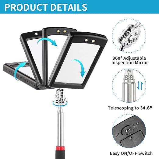 3 Pack Telescoping Inspection Mirrors LED Light & Magnet Flashlight Pickup Tool Set, Large 3.75" Round, 3.3" Square Mirror, for Inspection Viewing, Mechanic Checking, Observation