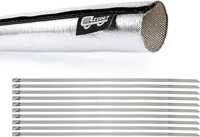 Wire Heat Shield Sleeve Aluminized Heat Shroud Heat Sleeving Fuel Line 2.2" I.D. X 3Ft With 10 Pcs Stainless Steel Cable Metal Zip Ties