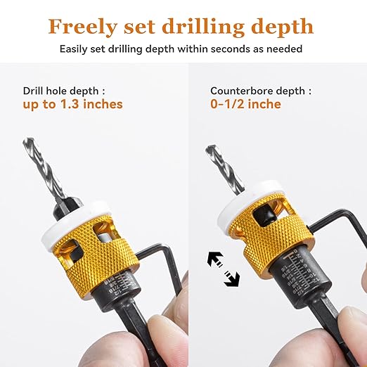 5 Pcs Hex Shank Countersink Drill Bit Set with Low Friction Depth Stop, 1/8" 9/64" 5/32" Drill+3/8” 82° Counter-Bore,11/64" 3/16" Drill+ 1/2" 82° Counter Bore,HSS M2 Tapered Bits (Yellow)