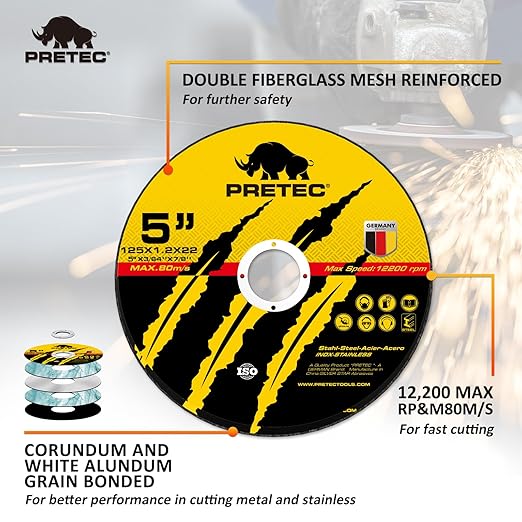 Cut Off Wheels 5", PRETEC 50+5 Pack Metal Cutting Wheel,Thin 125mm Metal & Stainless Steel Fast Cutting Discs for Angle Grinder - 7/8" Arbor Hole, 5" x 1/24" x 7/8" 55 PCS