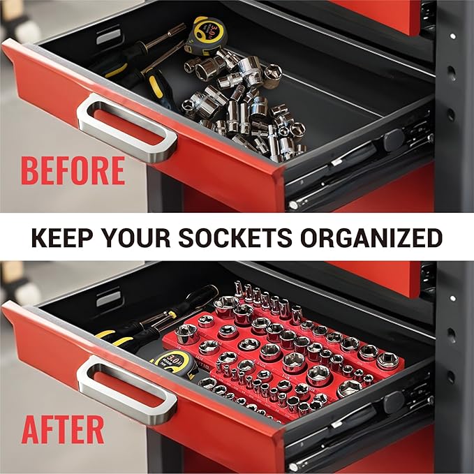 6-Piece Magnetic Socket Organizer Set, Magnetic Socket Holder Includes 1/4", 3/8", 1/2" Drive Metric SAE Socket Trays, Holds 143 Pieces Standard and Deep Sockets(Socket not Included)