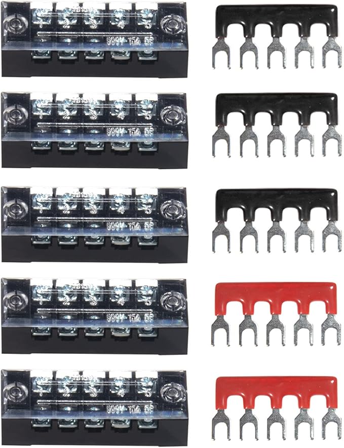 MILAPEAK Terminal Block and Strip - 10pcs (5 Sets) 5 Positions Dual Row 600V 15A Screw Terminal Strip Blocks with Cover + 400V 15A 5 Positions Pre-Insulated Terminals Barrier Strip (Black & Red)