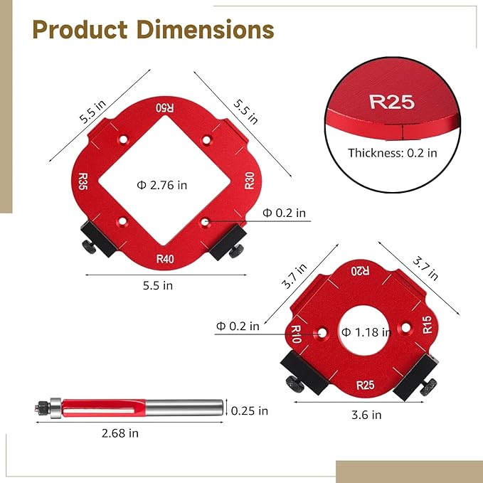 2 PCS Router Corner Radius Templates, Arc Templates with Edge Trimmer for Woodworking, Precise Woodworking Router Jigs and Templates, R10 R15 R20 R25 R30 R35 R40 R50