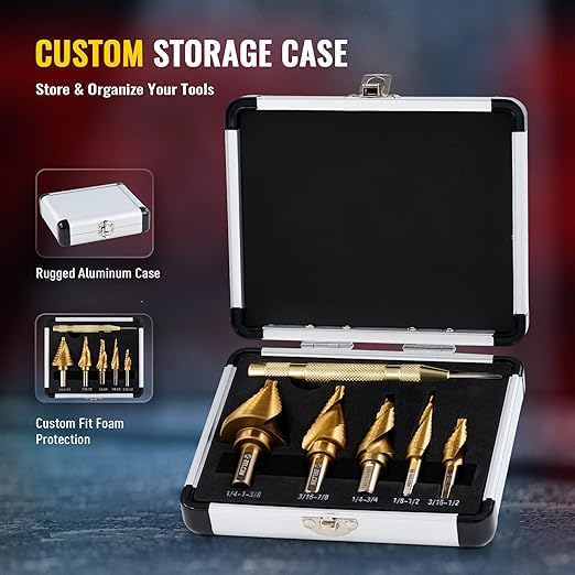ZELCAN Step Bits for Metal, Step Drill Bit Set 5PCS Titanium, Spiral Grooved with Automatic Center Punch, Step Drill Bit for Metal with Aluminum Case, Multiple Hole Step Bit for DIY Lovers