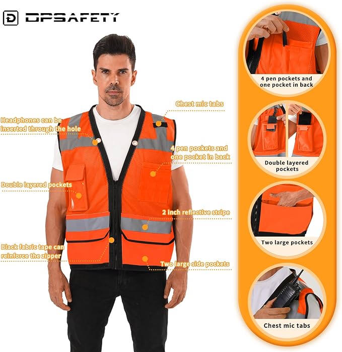 Reflective Safety vest With back plan pocket,High visibility Class 2 Heavy Duty Surveyor Vest with Zipper,Hi Vis Vest ANSI/ISEA Standard, Construction Work Vest for Men＆Women(Orange,M)